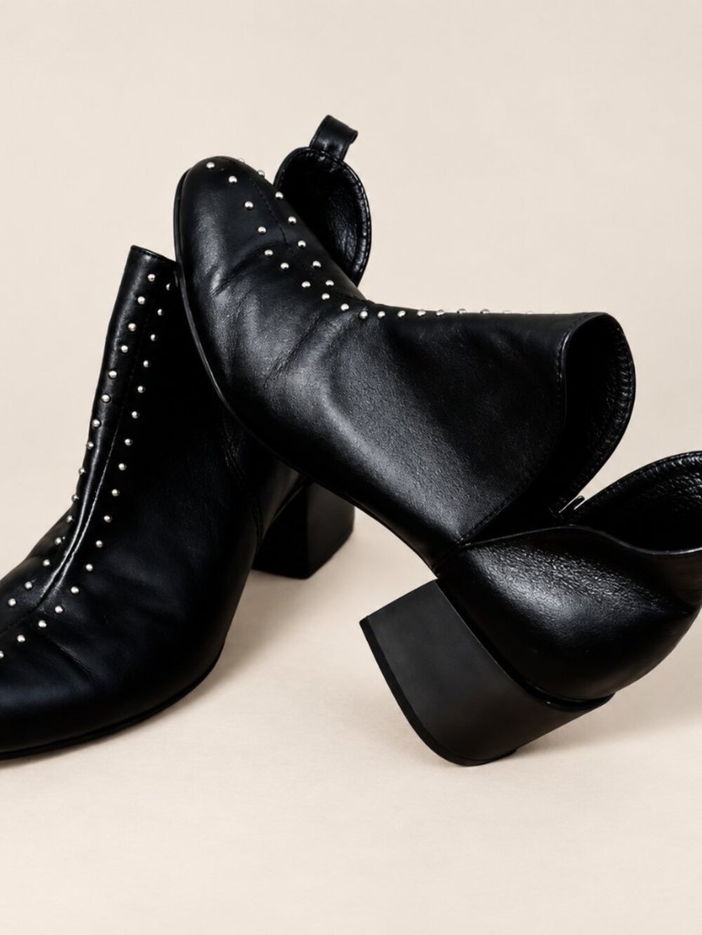 Julieta Suárez Black Leather Studded Ankle Boots Wood Heel Size 7